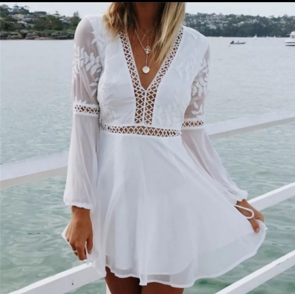 Luxe Boho Dresses & Skirts - Boho Lace Trim Deep Neck Chiffon Mini Dress